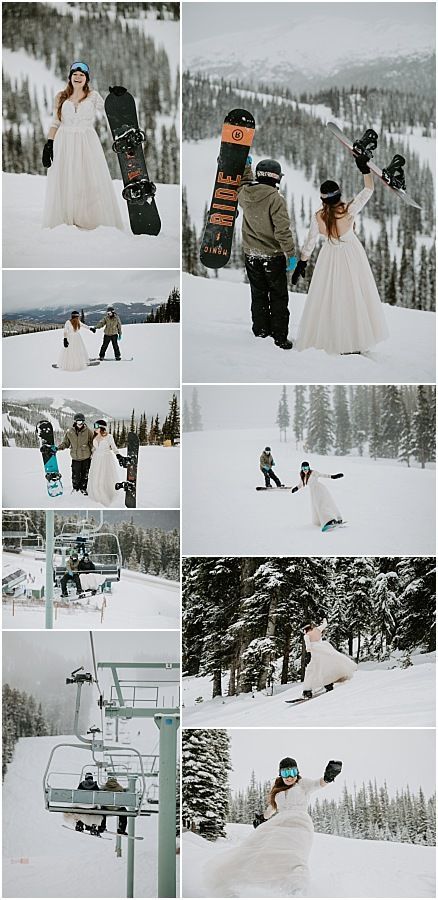 Snowboarding Engagement Photos, Ski Poses, Snowboarding Wedding, Snow Wedding Photos, Snowboard Wedding, Private Elopement, Whistler Wedding, Snow White Wedding, Mountaintop Wedding