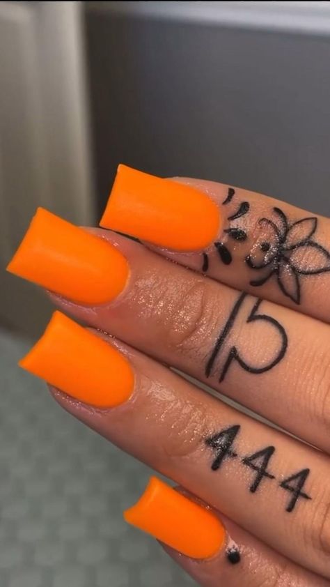 Square Acrylic Nails Long, Nails Long Acrylic, Acrylic Nails Long, Orange Acrylic Nails, Nails Orange, Finger Tattoo For Women, Hand Tattoos For Girls, Cute Hand Tattoos, Pretty Hand Tattoos