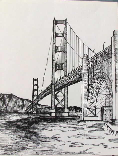 Golden Gate Bridge Drawing, Bridge Drawing, Easy Pencil Drawings, Landscape Pencil Drawings, Architecture Drawing Sketchbooks, Perspective Drawing Architecture, Landscape Sketch, Perspective Art, The Golden Gate Bridge