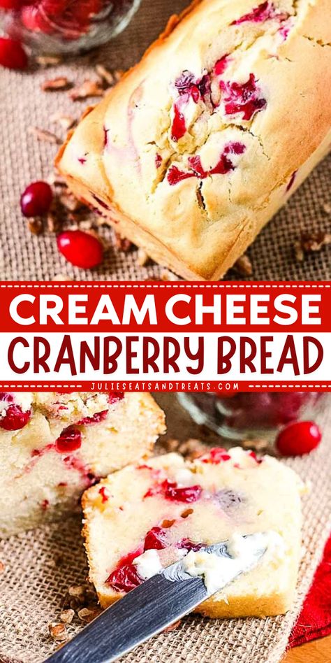 Easy to make a holiday brunch idea! This Cream Cheese Cranberry Bread recipe is amazingly soft and tender. Serve this bread that compliments the tart cranberries with a mug of coffee. Pin it for your easy Christmas morning breakfast! Cranberry Cream Cheese Tart, Cranberry Cream Cheese Scones, Christmas Breakfast Bread Recipes, Tea Ring Recipe Christmas Morning, Xmas Bread Ideas, Cranberry Bread Mini Loaves, Cranberry Almond Bread, Christmas Cranberry Bread, Cranberry Brunch Recipes