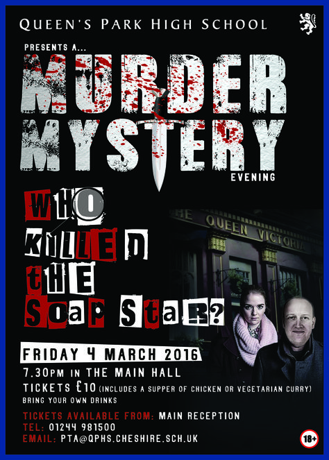 Queen's Park Poster. Murder mystery poster for fundraising performance. Script based theatre event. Mystery Poster Design, Writing Prompts Mystery Murders Ideas, Mystery Poster, Mystery Party Invitations, Get A Clue Movie Poster, Resident Assistant Programs, Memories Of Murderers Poster, Magazine Cover Layout, Yearbook Cover