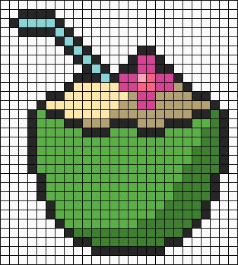 Coconut Pixel Art, Tropical Pixel Art, Beach Pixel Art, Pixel Art Summer, Pixel Art Fruit, Pixel Art Food, Plastic Canvas Box Patterns, Coconut Drink, Tropical Water