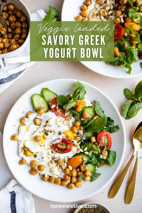 These high protein Greek yogurt bowls have a savory twist and is so easy to throw together, making healthy eating easy and manageable. Packed with delicious veggies and fiber, healthy fats and loaded with flavor. It's great for meal prep and busy mornings when you want healthy breakfast recipes that aren't loaded with added sugar and will keep you full and satisfied. Greek Bowls Healthy, Savory Yogurt Bowl, Savory Greek Yogurt Recipes, Savory Greek Yogurt, Savory Yogurt, Protein Greek Yogurt, Yogurt Breakfast Bowl, Greek Yogurt Breakfast, Yogurt Bowls