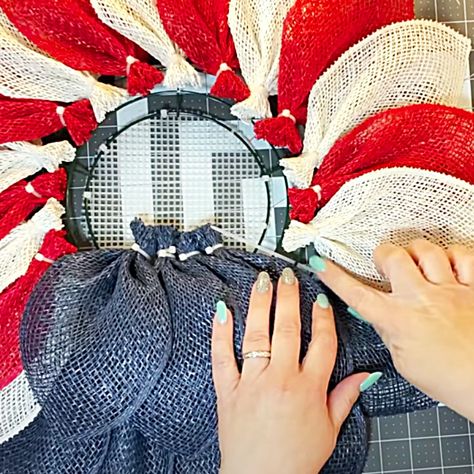 Easy Wreath Ideas - How To Make A Mesh Wreath - Easy Way To Make A Door Wreath Red White And Blue Mesh Wreath, Memorial Day Wreaths Diy Front Doors, Memorial Day Wreaths Diy, American Flag Wreath Diy, Red White And Blue Wreath Diy, Flag Wreath Diy, Patriotic Flag Wreath, Diy Patriotic Wreath, Poly Mesh Wreath