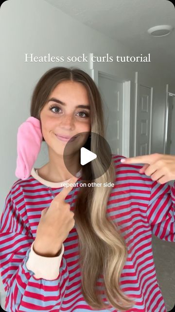 Maddy Millard on Instagram: "My new every night heatless curls 😍😍 so easy too🙌🏻  #hair #hairtok #hairstyle #hairinspo #hairtutorial #hairideas #haircare #healthyhair #longhair #heatlesscurls #sockcurls #sockcurlstutorial #schoolhairstyles #easyhairstyles #trendinghairstyle #viralhairstyle #holidayhair #curlscheck" Curl Hair With Headband Overnight, Diy Heatless Hair Curling Ribbon, Yoga Pants Heatless Curls, Soft Heatless Curls Overnight, Large Heatless Curls, Step By Step Heatless Curls, Heatless Curls Kitsch, Fuzzy Socks Heatless Curls, Heatless Loose Curls