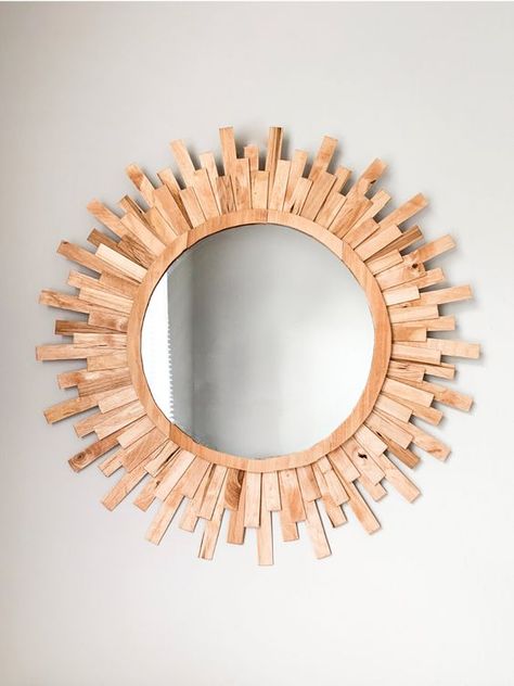 Diy Round Mirror, Wood Sunburst, Aesthetic Interior Design, Boho Mirror, Mirror Frame Diy, Mirror Crafts, Wood Wall Art Diy, Deco Nature, Stick Art