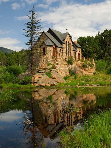 The founder of Camp St. Malo, Monsignor Joseph Bosetti, had for years entertained an idea that one day he would build a chapel on this site. In 1916 he and two friends observed a falling meteor during the night and in his search for the remnants the next morning, he came across a large rock. The beauty of the land inspired the priest and he remembered Jesusâ€™ words to Peter: â€œUpon this rock, I will build my Church.â€ (Matt 16:18). Old Churches, Country Church, Cathedral Church, Church Building, Estes Park, Sacred Places, Old Church, Old Stone, Place Of Worship