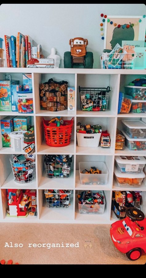 Boy Toy Organization, Ikea Kids Playroom, Kids Tv Room, Toddler Closet Organization, Organized Playroom, Kids Craft Storage, Play Storage, Boy Room Themes, Toddler Closet