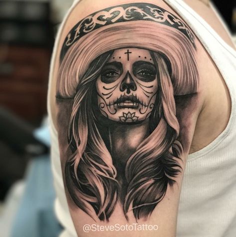 Steve Soto Tattoos, Female Mexican Tattoos, Female Mariachi Tattoo, Women Mexican Tattoo, Puebla Mexico Tattoo, Charro Tattoo, Mexican Style Tattoos For Women, Charra Tattoos, Charro Tattoo Mexican