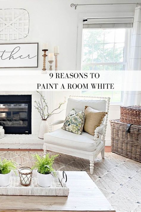 Painting a room white is like making it larger, lighter, brighter, and more beautiful. Here are 9 reasons glorious reasons to add white paint to your home decor! White Sitting Room, Stone Gable, Painting A Room, Brighten Room, Family Room Paint, Wall Painting Living Room, All White Room, White Furniture Living Room, Timeless Interior