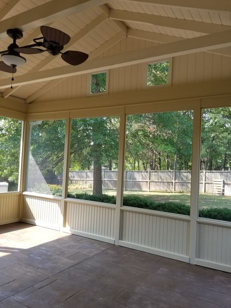 Screened In Porch With Solid Knee Wall, Backyard Porches, Deck Extension, Outdoor Screen Room, Closed In Porch, Sunroom Remodel, Screened In Porch Diy, Deck Railing Ideas, Gazebo On Deck