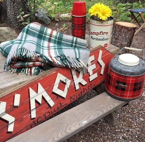 Campfire Marshmallows, Plaid Blankets, Vintage Thermos, Vintage Cabin, Camping Style, Camp Style, Camp Fire, Camping Decor, Camping Items