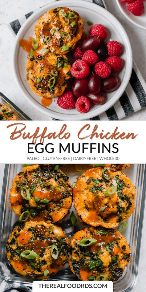 Buffalo Chicken Egg Muffins | paleo breakfast | gluten-free egg muffins | dairy-free breakfast recipe | whole30 breakfast | healthy breakfast | buffalo chicken recipe || The Real Food Dietitians #whole30 #glutenfreebreakfast Paleo Egg Muffins, Buffalo Chicken Recipe, Healthy Buffalo Chicken Dip, Dairy Free Breakfast Recipes, Muffins Paleo, Whole30 Breakfast, Real Food Dietitians, Buffalo Chicken Recipes, Whole 30 Breakfast