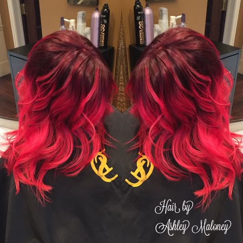 Vibrant red balayage ombré using both redken and pravana. Hair by Ashley @ Dean Sadler Hair Studio Bright Red Ombre Hair, Red Two Tone Hair, Bright Red Balayage Hair, Red Hair Dark Roots, Red Roots Hair, Hair Stages, Vibrant Red Hair, Red Balayage Hair, Red Hair Looks