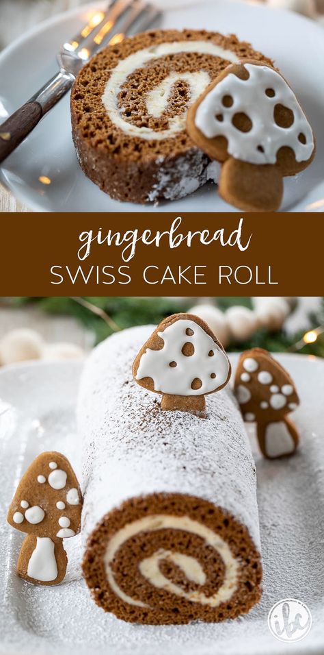 Gingerbread Swiss Roll Cake, Gingerbread Roll Cake, Swiss Cake Roll Recipe, Swiss Chocolate Cake Recipe, Yule Cookies, Swiss Cake Roll, Christmas Cake Roll, Rolls Cake, Yule Log Cake Recipe