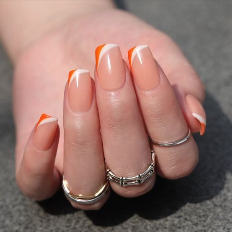 Orange Nail Tips, Burnt Orange French Tip Nails, Orange French Manicure, White And Orange Nails, Orange French Nails, Orange French Tip Nails, Orange French Tip, Ivory Nails, Teacher Nails