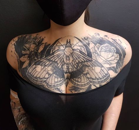 Women Sternum Tattoo, Chest Neck Tattoo, Shen Long Tattoo, Sternum Tattoos, Full Chest Tattoos, Backpiece Tattoo, Throat Tattoo, Back Piece Tattoo, Cool Chest Tattoos