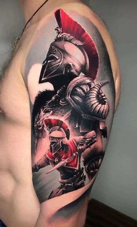 Tattoo Gladiator, Spartan Tattoos, Spartan Helmet Tattoo, Ancient Greek Design, Tattoo Cool, Shield Tattoo, Gladiator Tattoo, Soldier Tattoo, Half Sleeve Tattoos