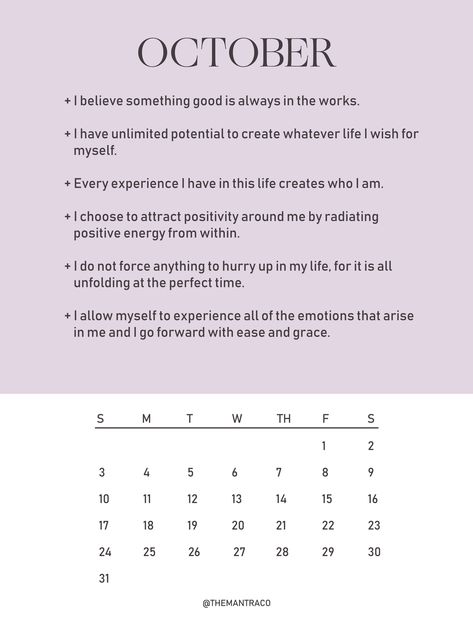 Download the FREE Mantra Calendar for October 2021. Mantra For October, October Affirmations, Motivational Mondays, Journal Banner, Mindfulness Journal Prompts, Morning Mantra, Bullet Journal Banner, Positive Mantras, Mindfulness Journal