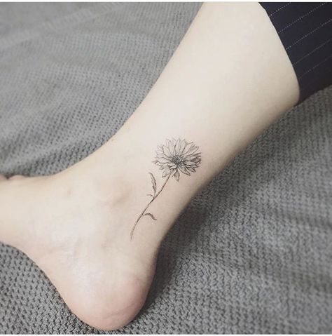 Fine line flower Sunflower Tattoo Thigh, Sunflower Tattoo Shoulder, Ankle Tattoo Designs, Ankle Tattoos For Women, Ankle Tattoos, Watercolor Tattoo Flower, Daisy Tattoo, Sunflower Tattoos, Sunflower Tattoo