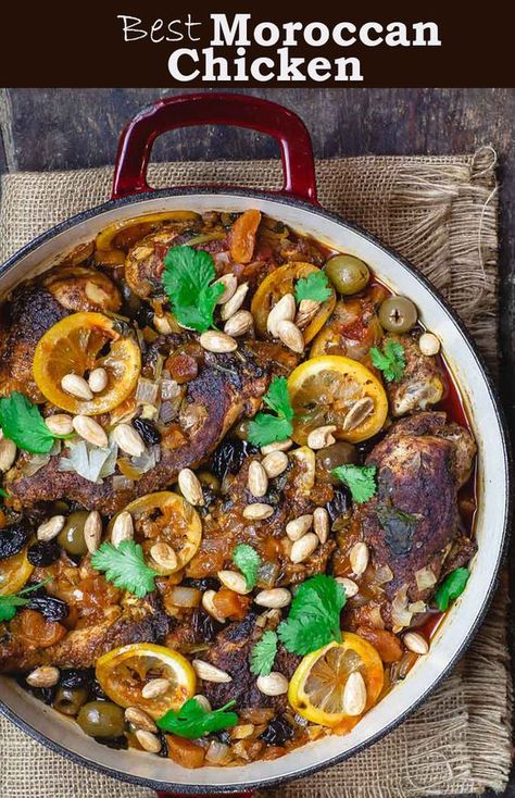 Best Moroccan Chicken Recipe you will find! Super tender, succulent braised chicken with warm Moroccan spices, lemons, olives, and dried fruit. Recipe comes with step-by-step tutorial and tips for foolproof results. You'll love this Moroccan chicken! #moroccanchicken #moroccanfood #mediterraneanfood #mediterraneandiet #mediterrraneanrecipes #chicken #braisedchicken #onepot #glutenfreerecipes #chickendinner #chickenrecipe Recipes For Cold Days, Moroccan Tajine, Moroccan Chicken Recipe, Giada At Home, Chicken Tagine, Fruit Recipe, The Mediterranean Dish, Moroccan Chicken, Recipe Tutorial