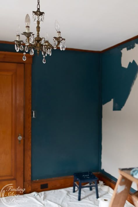 Dark Wood Trim, Bookshelf Makeover, Sunset House, Dark Blue Paint, Dark Blue Walls, Teal Walls, Dream Cottage, Craftsmen Homes, Paint Colors For Home