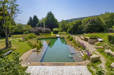 Swimming Pool Countryside, Natural Swimming Lap Pools, Wild Swimming Pool Garden, Swimming Pond Ideas, Natural Pool Ideas, Natural Swimming Pool Designs, Pond Natural, Swim Pond, Lap Pool Designs