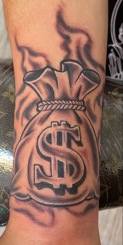 Men Hood Tattoos, 50 Dollar Tattoos For Women, Lips With Money Tattoo, Putter Arm Tattoos, South Central La Tattoo, Simple Hood Tattoos, Money Bag Stencil, Bag Chaser Tattoo, Clock Tattoos Men