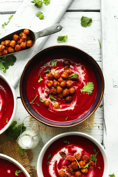 Creamy, 30-Minute Curried Beet Soup with Tandoori-Roasted Chickpeas Beetroot Soup, Curried Butternut Squash Soup, Coconut Milk Soup, Beet Soup, Minimalist Baker, Curry Spices, Vegan Soup Recipes, Tandoori Masala, Lentil Curry