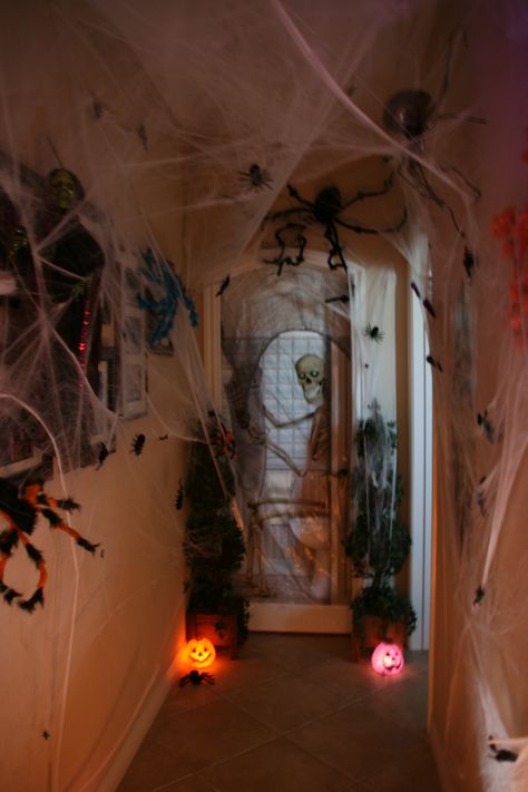 Hall way to bathroom. Spider webs and Spiders. Spider Ceiling Decoration, Halloween Spider Decorations Indoor, Spiderweb Decorations Halloween Indoor, Spider Room Haunted House, Halloween Cobwebs Decoration Indoor, Scary Bathroom Halloween, Fake Spider Web Decoration Indoor, Halloween Decorations Spider Webs, Halloween Inside Decorations