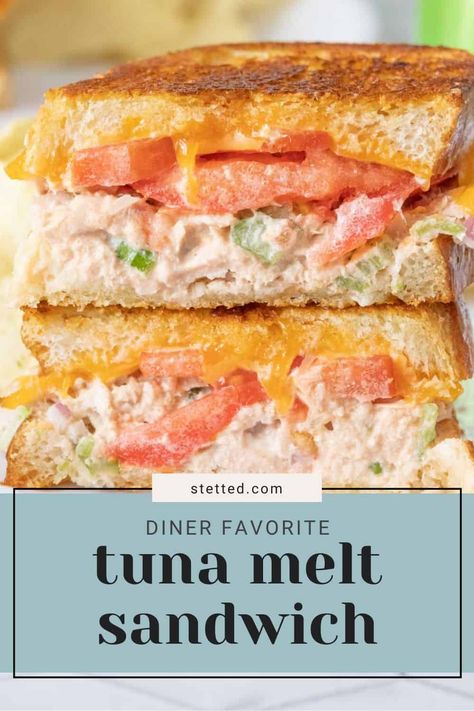 Grab the taste of a diner classic with this homemade tuna melt! With creamy tuna, crunchy celery, and melty cheese, it's one sandwich everyone craves! Tuna Melt With Tomato, Best Tuna Melt Sandwich, Classic Tuna Melt, Tuna Sliders, Fancy Grilled Cheese Sandwiches, Tuna Sandwich Recipes, Tuna Melt Sandwich, Fish Sandwiches, Fancy Grilled Cheese