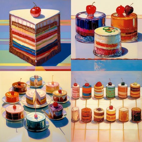 Wayne Thiebaud Midjourney style | Andrei Kovalev's Midlibrary 2.0 Wayne Thiebaud Cakes, Artist Research Page, Ks3 Art, Cupcake Painting, Americana Aesthetic, Wayne Thiebaud, Food Sculpture, Art Invitation, Cyberpunk Character