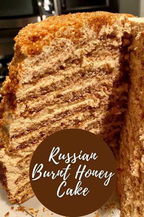 How to make a delicious 10-layer Russian burnt honey cake | How to make the traditional Russian medovik or honey cake, though this recipe has a few twists. It's complicated but not difficult, a spectacular & delicious dessert for a special occasion! How to make Russian honey cake. Burnt Honey, Traditional Russian Desserts, Burnt Honey Cake, Medovik Russian Honey Cake, Layered Honey Cake, Russian Honey Cake Recipe Video, Honey Cake Filling, Russian Honey Cake Recipe, Honey Cake Recipe Indian