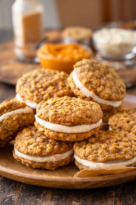 Pumpkin Oatmeal Whoopie Pies, Pumpkin Spice Oatmeal Cream Pies, Oatmeal Fall Recipes, Pumpkin Oatmeal Creme Pies, Apple Oatmeal Cream Pies, Creme Brulee Pumpkin Pie, Pumpkin Cream Pie Cookies, Creamy Pumpkin Desserts, September Baked Goods