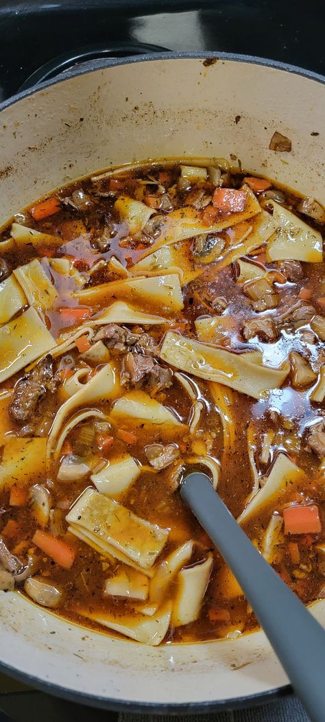 Beef Bourguignon Soup, Beef Bourguignon Soup With Egg Noodles, Beef Ribs Soup, Beef Short Ribs Soup, Beef Short Rib Soup, Mushrooms Red Wine, Saute Mushrooms, Gluten Free Egg Noodles, Pot Simmer