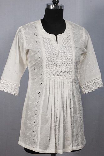 Beautiful White Chikan Kurta with Exquisite Lace Yoke and Pleated Design. Short Kurti Designs, Crochet Patterns Free, Frock Fashion, Simple Kurta Designs, Tunic Designs, Frock For Women, Kurti Designs Latest, Stylish Short Dresses, Long Kurti Designs