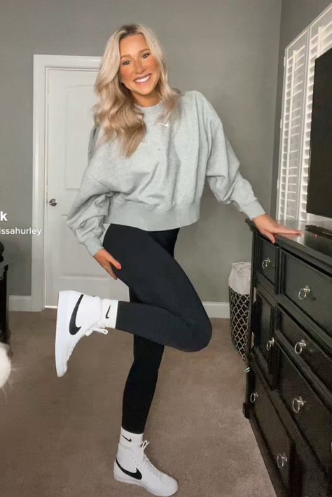 Nike Blazer Outfit Casual, Nike Outfits For Women Fashion, Hi Top Nike Outfit, How To Style Nike Blazers With Leggings, Nike Blazer Outfit Womens Winter, Nike Women’s Outfits, Leggings With High Tops, Woman’s Nike High Top Outfit, Cute Outfits To Go With Nike Blazers