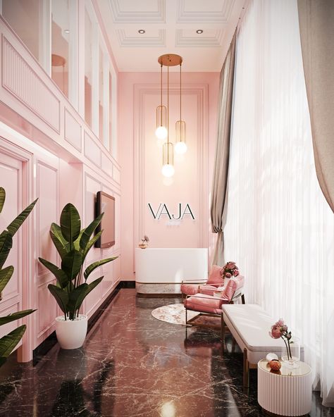 Vaja Clinic - Kayana Studio Spa Industrial Interior Design, Industrial Pink Decor, Parisian Beauty Salon, Pink Clinic Interior Design, French Salon Interior, Women Beauty Salon Interior Design, Pink And Green Spa Room, Classy Salon Decor, Pink Clinic Design