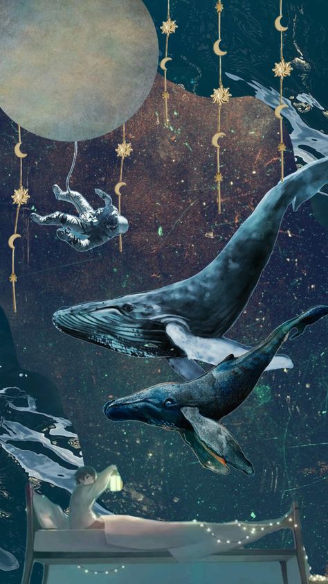 Blue Space Aesthetic, Whale Artwork, Space Whale, Whale Painting, Space Aesthetic, Whale Tattoos, Cute Blue Wallpaper, Art Photography Portrait, Surreal Collage