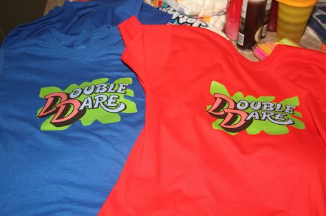 All the girls had red, boys blue. Bought shirts at Wal mart along with iron on transfer paper. printed logo and ironed. these were the party favors Double Dare Games, Nickelodeon Party, Dare Ideas, Obstacle Course Games, Iron On Transfer Paper, Backyard Obstacle Course, Cartoon Party, Dare Games, Double Dare