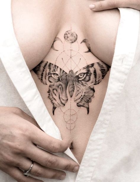 Eyes of a tiger moth tattoo by @tritoan_7th - badass tattoo for women Underboob Tattoo Designs, Pieces Tattoo, Chest Tattoos For Women, Leg Tattoos Women, Dope Tattoos For Women, Sternum Tattoo, Thigh Tattoos Women, Badass Tattoos, Tattoo Feminina