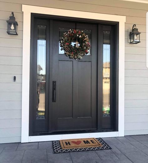 Black Front Door One Sidelight, Black Entry Doors With Sidelights, Farmhouse With Black Door, Black Front Door Sidelights, Solid Black Front Door With Sidelights, Black Exterior Doors Front Entry Modern, Black Matte Front Door, Black From Door, Black Front Door No Windows