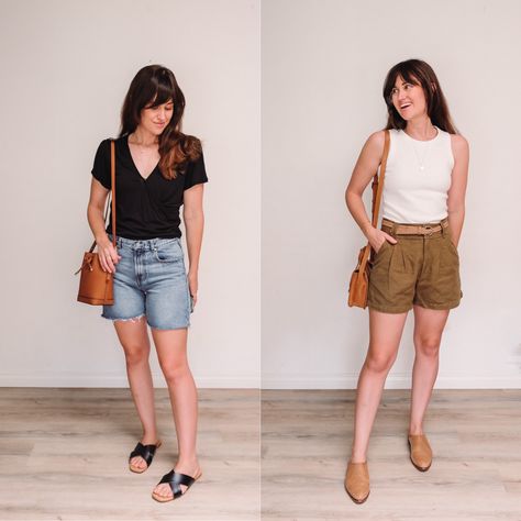 Easy hacks more sophisticated summer shorts outfits. #classicstyle #fashiontips #waystowear #styleadvice Outfit ideas, summer style, summer outfits, Pleated pants, tapered pants, high rise straight jeans, trousers, olive, pleated shorts, long denim shorts, cutoff shorts Sophisticated Summer Outfits, Long Denim Shorts, Easy Hacks, Outfit Ideas Summer, Jean Jacket Outfits, High Rise Straight Jeans, Summer Shorts Outfits, Shorts Outfits, Classic Denim Jacket