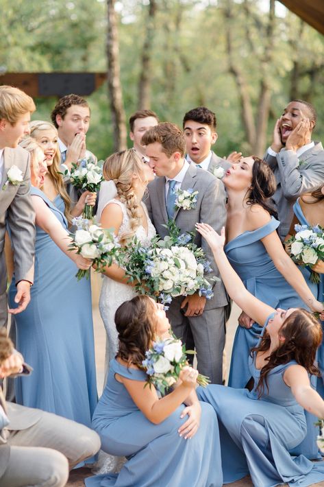 Sage And Blue Groomsmen Attire, Steel Blue Bridal Party, Blue And Grey Bridal Party, Slate Blue Wedding Party, Wedding Group Poses, Rustic Groomsmen Attire, Gray Wedding Party, Periwinkle Wedding, Powder Blue Wedding