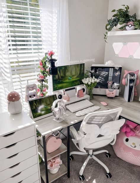 Mint Gaming Setup, L Shaped Desk Setup Aesthetic, Pink And Green Gaming Setup, Home Office Aesthetic Woman, Switch Gaming Setup, Boho Gaming Setup, Cozy Pc Setup, Kawaii Desktop, Organized Desk