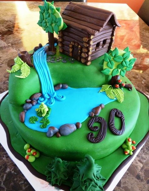 Tent instead of cabin for a camping cake. Log Cabin Cake, Cabin Cake, Nature Cakes, Waterfall Cake, Lake Cake, Pond Cake, Nature Cake, Rodjendanske Torte, Camping Cakes