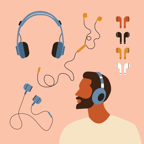 Set of Headphones, Audio Equipment, Wired and Wireless Earphones for Music Listening. AirPods. Earbuds Technology Accessory for Smartphone or Dj, Hand drawn cartoon vector isolated, Illustration Desk Ornaments, Headphones Audio, Cheer Up Quotes, Music Listening, Wearing Headphone, Technology Accessories, Motion Graphic, 2d Animation, Wireless Earphones