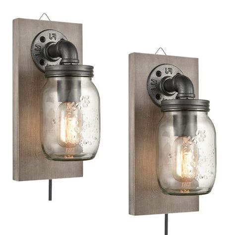 Mason Jar Light Fixture, Mason Jar Lights, Industrial Farmhouse Decor, Rustic Wall Lighting, Plug In Wall Lights, Rustic Mason Jars, Wood Plate, Pipe Lamp, Wall Sconces Bedroom