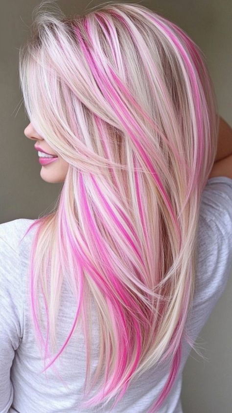 Blond Hair Pink Streaks, Pink Hair Ideas For Blondes, Blonde With Pink Hair, Bright Color Highlights, Pink Highlights In Blonde Hair, Pink And Blonde Hair, Pearl Highlights, Highlight Inspiration, Exotic Hair Color