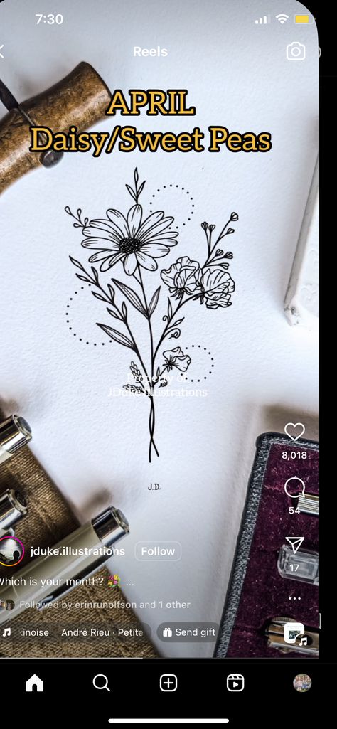 Daisy And Sweet Pea Flower Tattoo Designs, Daisy And Sweet Pea Tattoo Birth Flower, Daisy And Sweet Pea Tattoo, Daisy And Sweet Pea, Pea Tattoo, Sweet Pea Tattoo, Sweet Pea Flowers, Daisy Tattoo, Birth Flower Tattoos